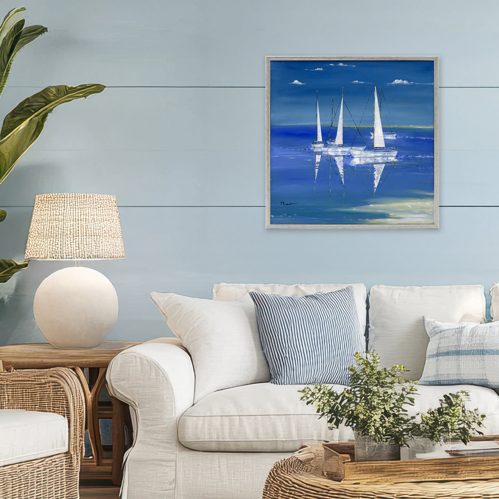 Stupell Industries Serenity Sailboats Reflected on Water Gray Framed Giclee Art, design by Paul Brent
