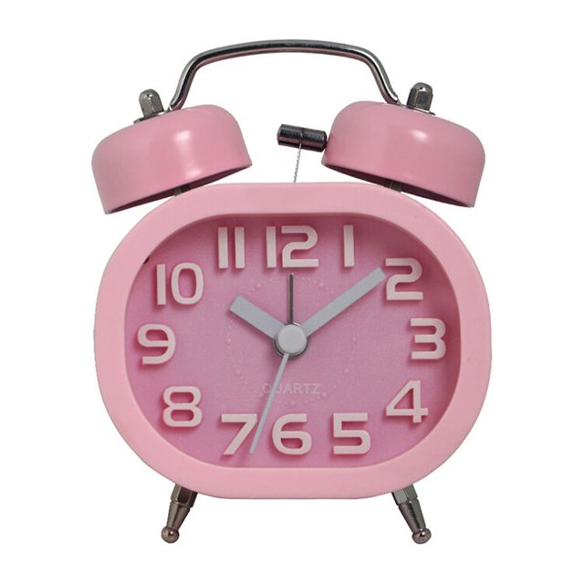 Alarm Clock Non-Tick Sweeper Bedroom Round Double Glass Mirror Timepiece Round Double Bell Metal Desktop Clocks Decoration Table Bells Pink