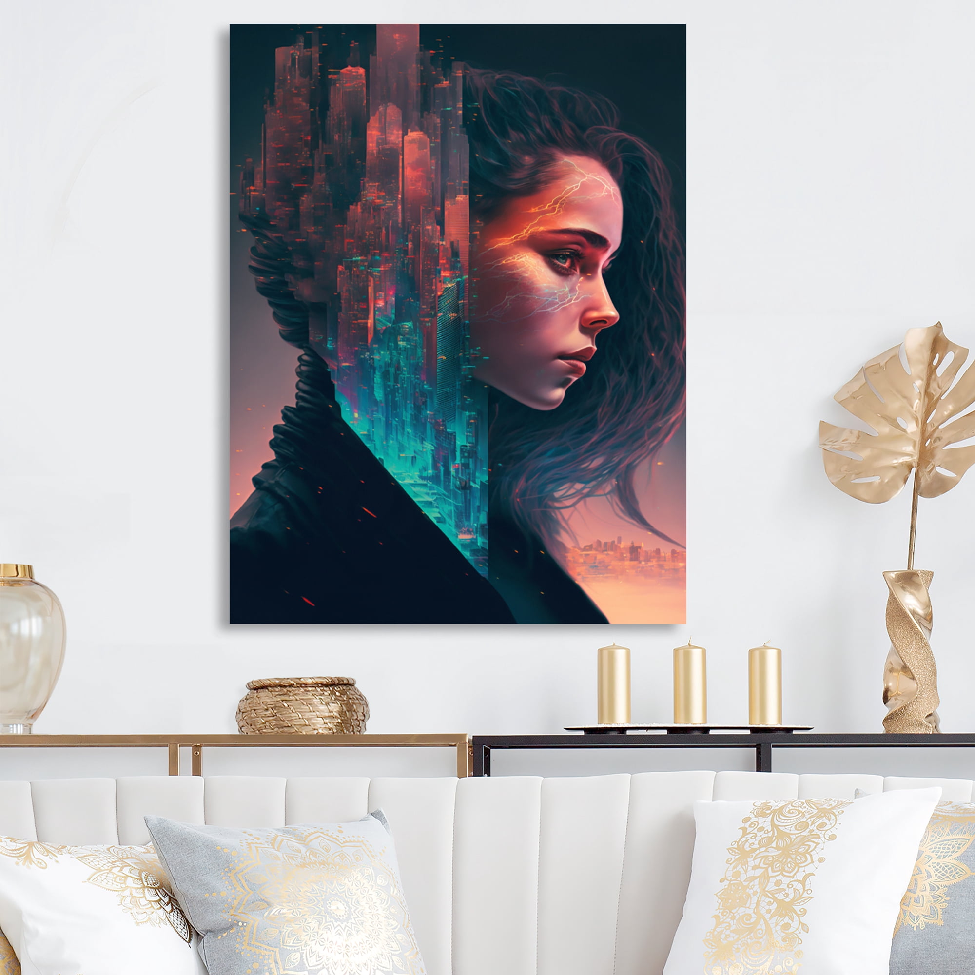 Designart Double Exposure Woman Future City II Canvas Wall Art