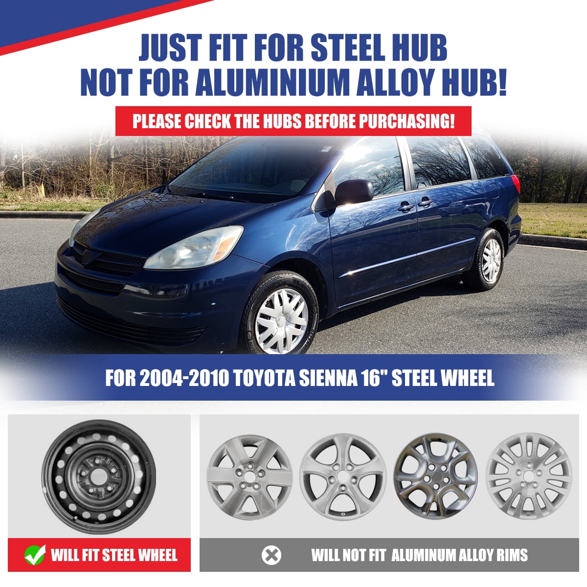 4 Pack 16 inch Steel Wheel Hubcaps for 2004-2010 Toyota Sienna,Wheel Rim Cover,Snap-On Installation,PP,Black Lacquer