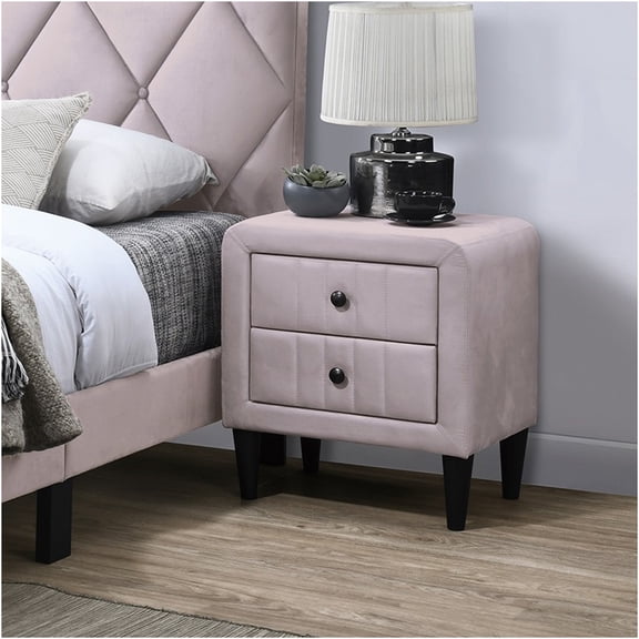 JERFIT Modern Velvet Nightstand with 2 Drawers, Light Pink Bedside Table for Bedroom, Sleek Design with Tempered Glass Legs