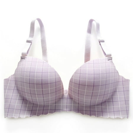 

Clearance Gathered Bra Checkered Smooth One-Piece No-Ring Gather Adjustable Bra Thin Palm Padded Bra purple 75