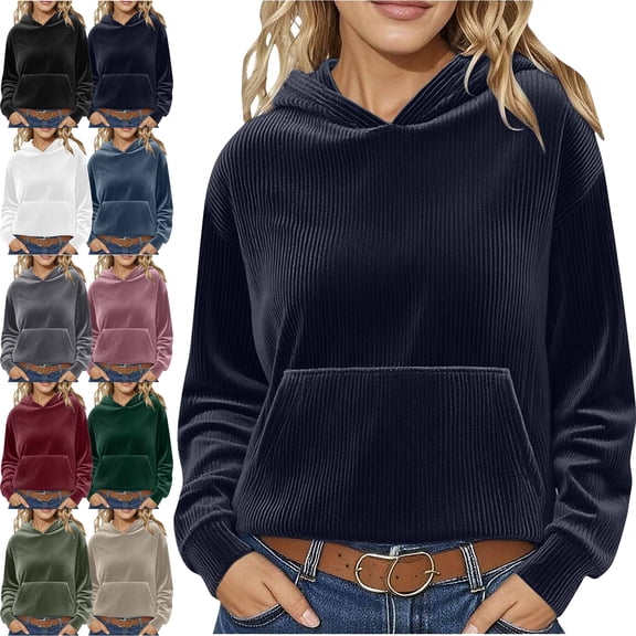 SYwaren Women's Corduroy Sweatshirt Hoodie Long Sleeve with Pockets Solid Color Tops