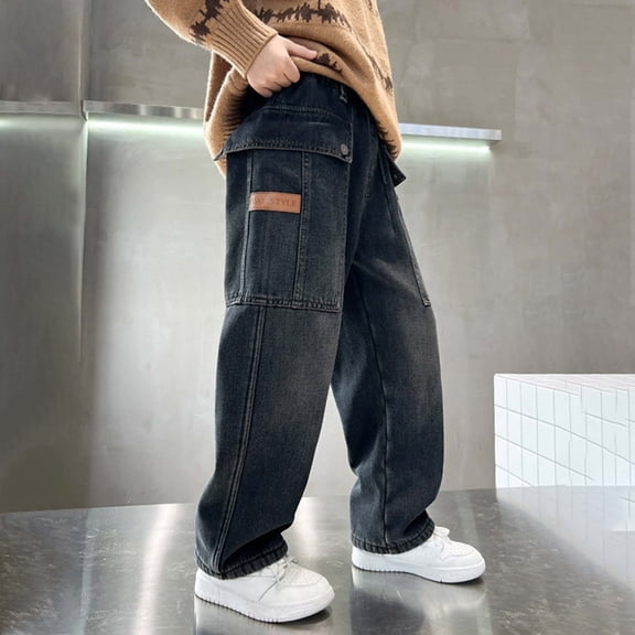 YMNXA Big Kids Boys Jeans With Pocket Elastic Waist Wide Leg Soft Fashion Denim Trousers Pants For Casual Daily Wear Grey 6-7 Years