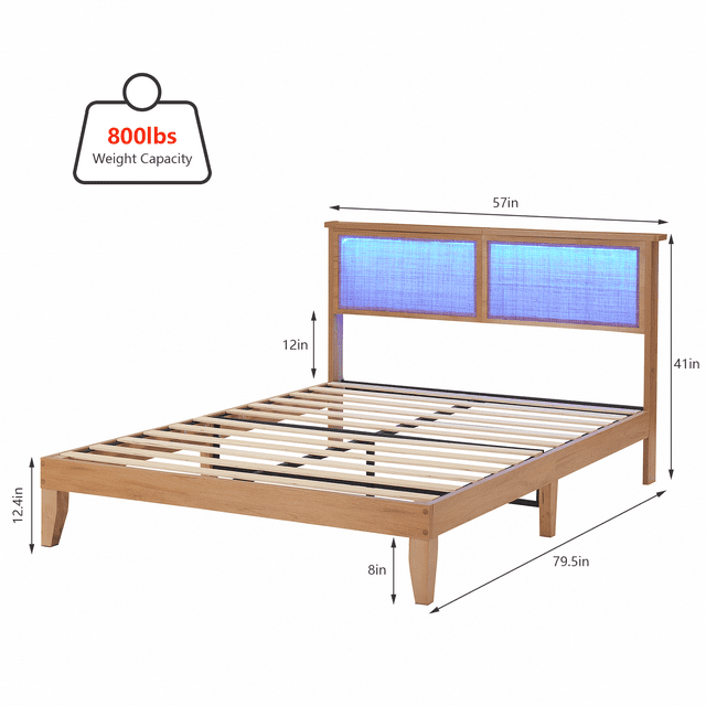 Rattan Bed Frame, Natural Rattan Headboard King Bed Frame with Led Lights, Noise-Free Platform Bed Frame with Wooden Support Legs and Slats