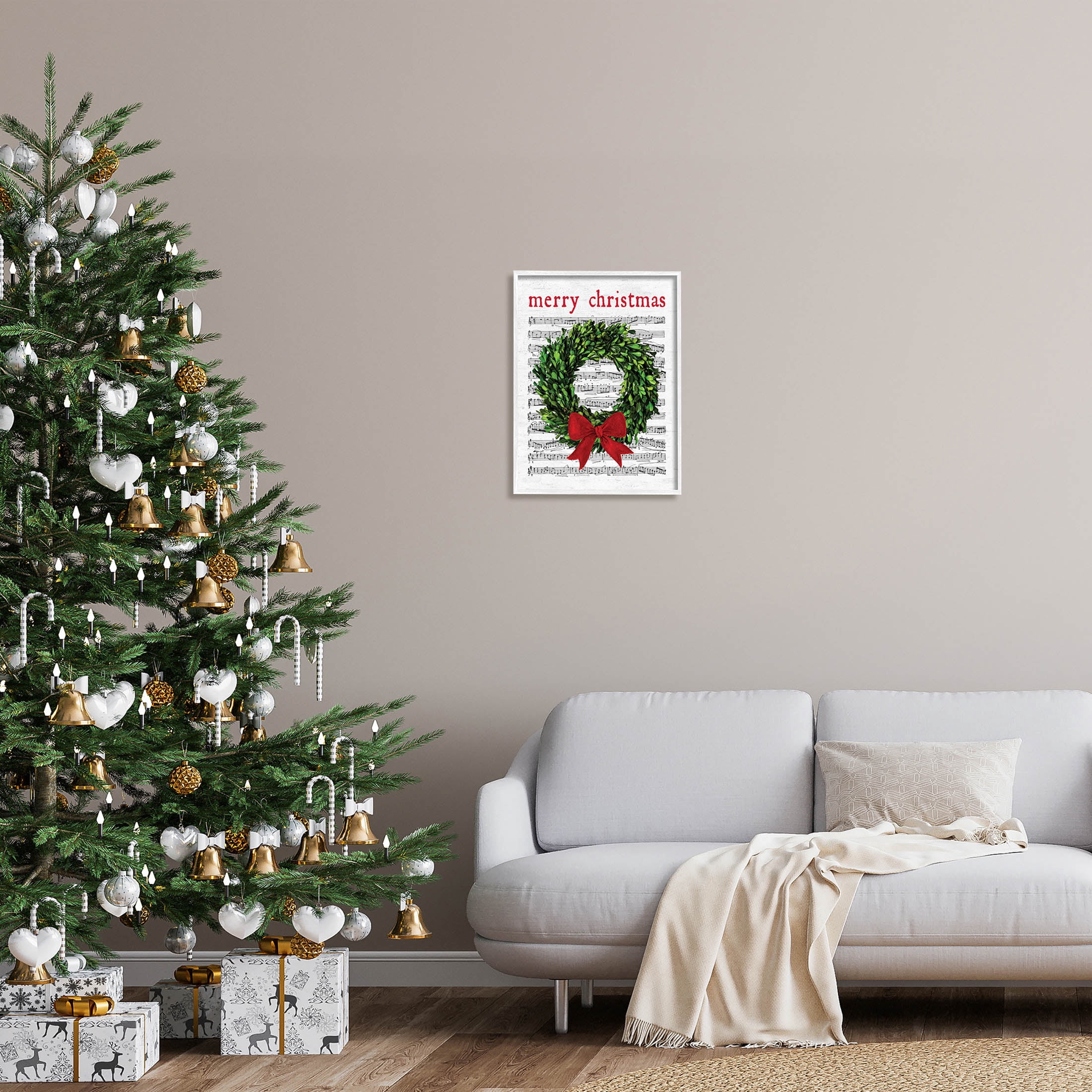 Stupell Industries Merry Christmas Song Wreath Graphic Art White Framed Art Print Wall Art, Design by Lettered and Lined