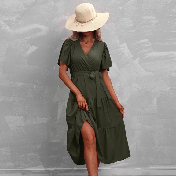 Floral Dress, V Neck Short Sleeve Mini Dress with Pockets, Casual Summer Dress for Women in Stretch Polyester
