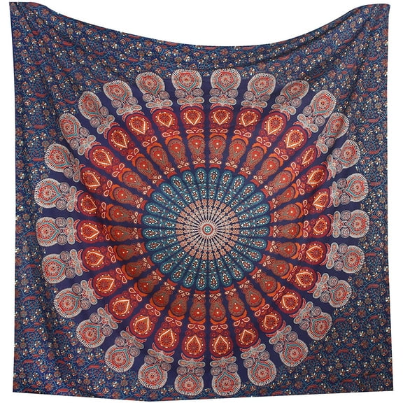 Bless International Indian hippie Bohemian Psychedelic Golden Blue Peacock Mandala Wall hanging Bedding Tapestry (Golden Blue White, Queen (84x90Inches)(215x230Cms))