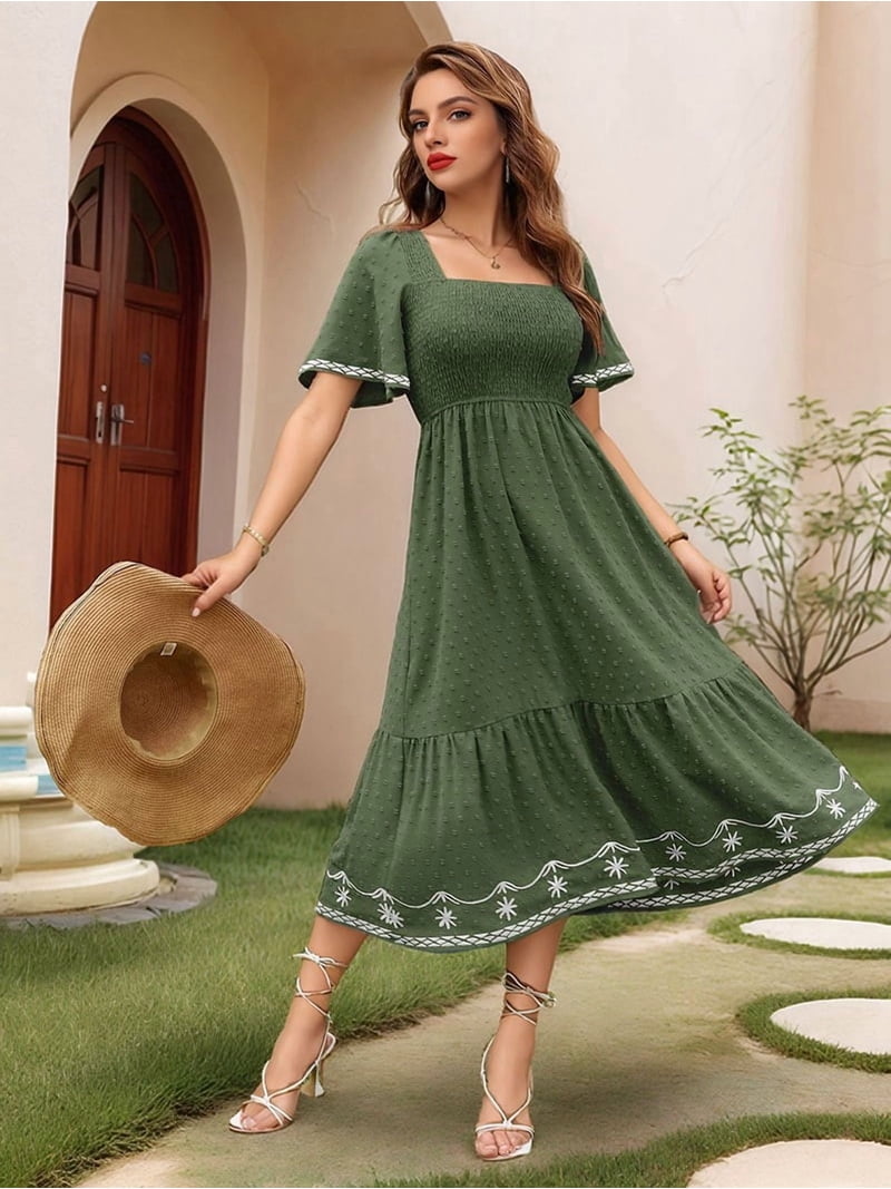 green flowy maxi dress Women's Short Sleeve Smocked Square Neck A Line Summer Long XXL Category_Dresses/Shop by Category/At the Races