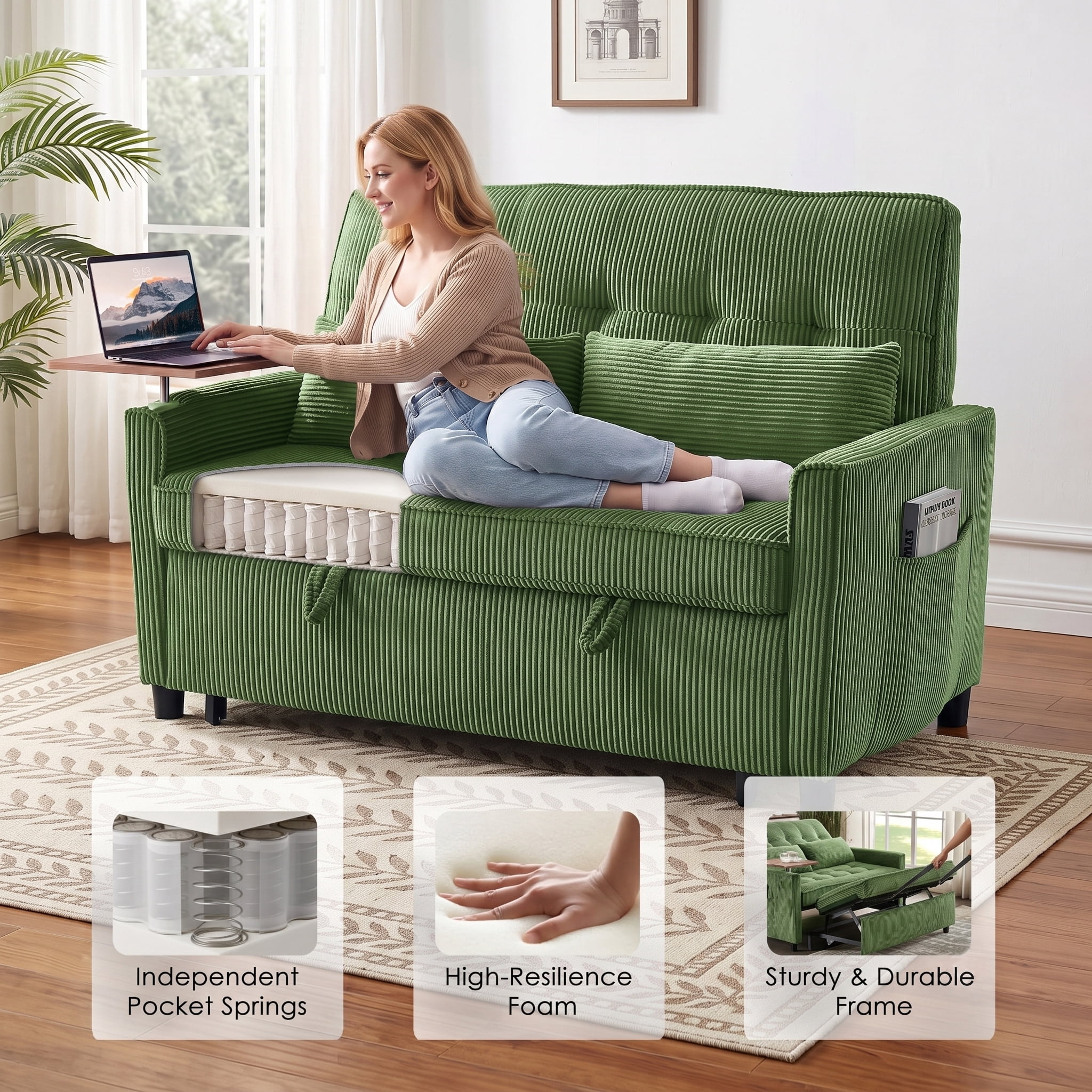 avobird 54'' 3 in 1 Pull Out Sofa Bed, Convertible Couch with Adjustable Backrest/Side Pockets/USB Charging Ports, Sleeper Sofa with small table for Living Room, Green