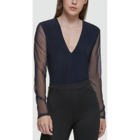 DKNY BLACK Mixed-Media V-Neck Bodysuit, US Large