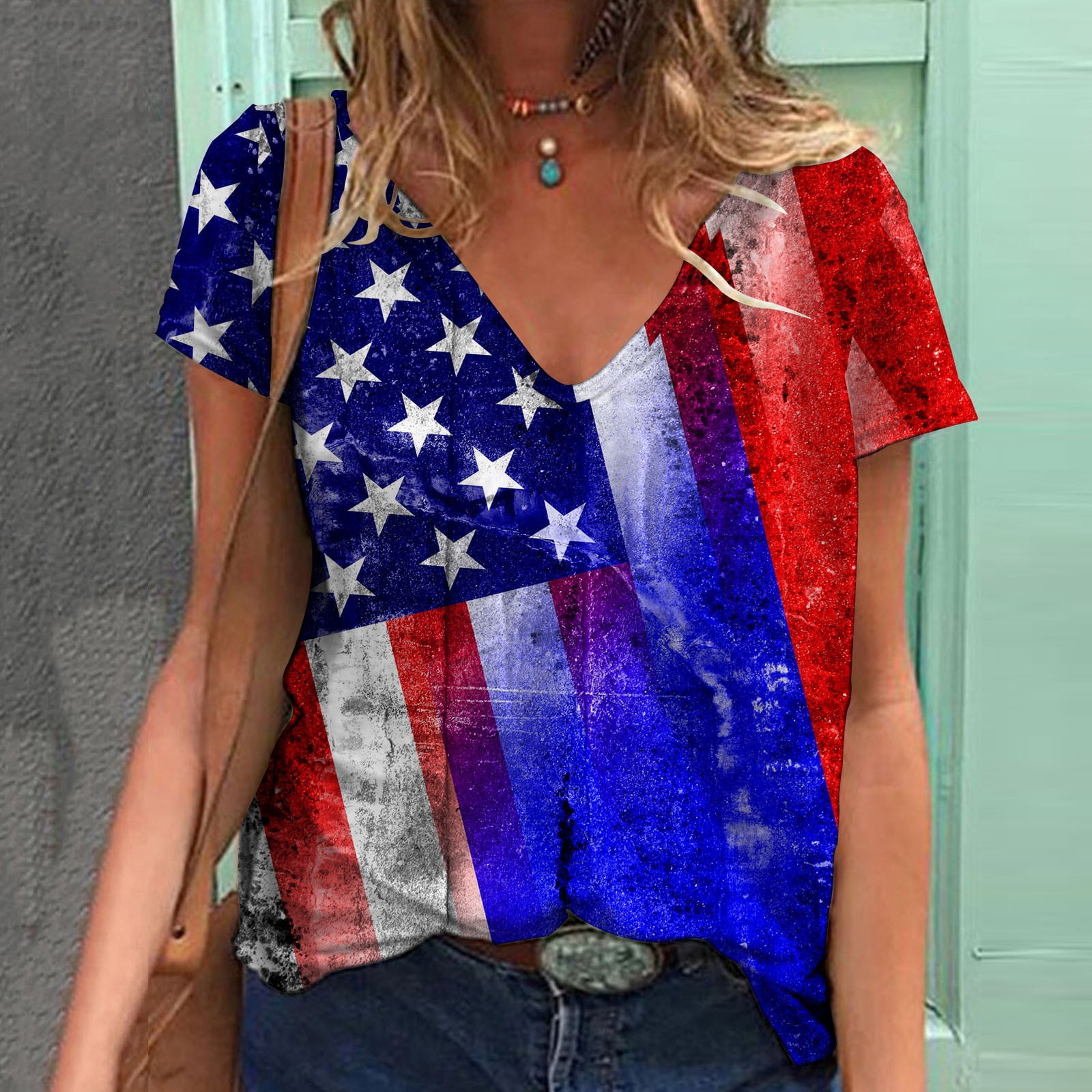 Gaecuw Independence Day Tunic Tops Usa Themed T Shirts Fashion V Neck Short  Sleeve Tops Summer Tops Usa Themed Graphic Tees American Flag Clothing Red  White Blue Clothing Usa Themed Clothing White