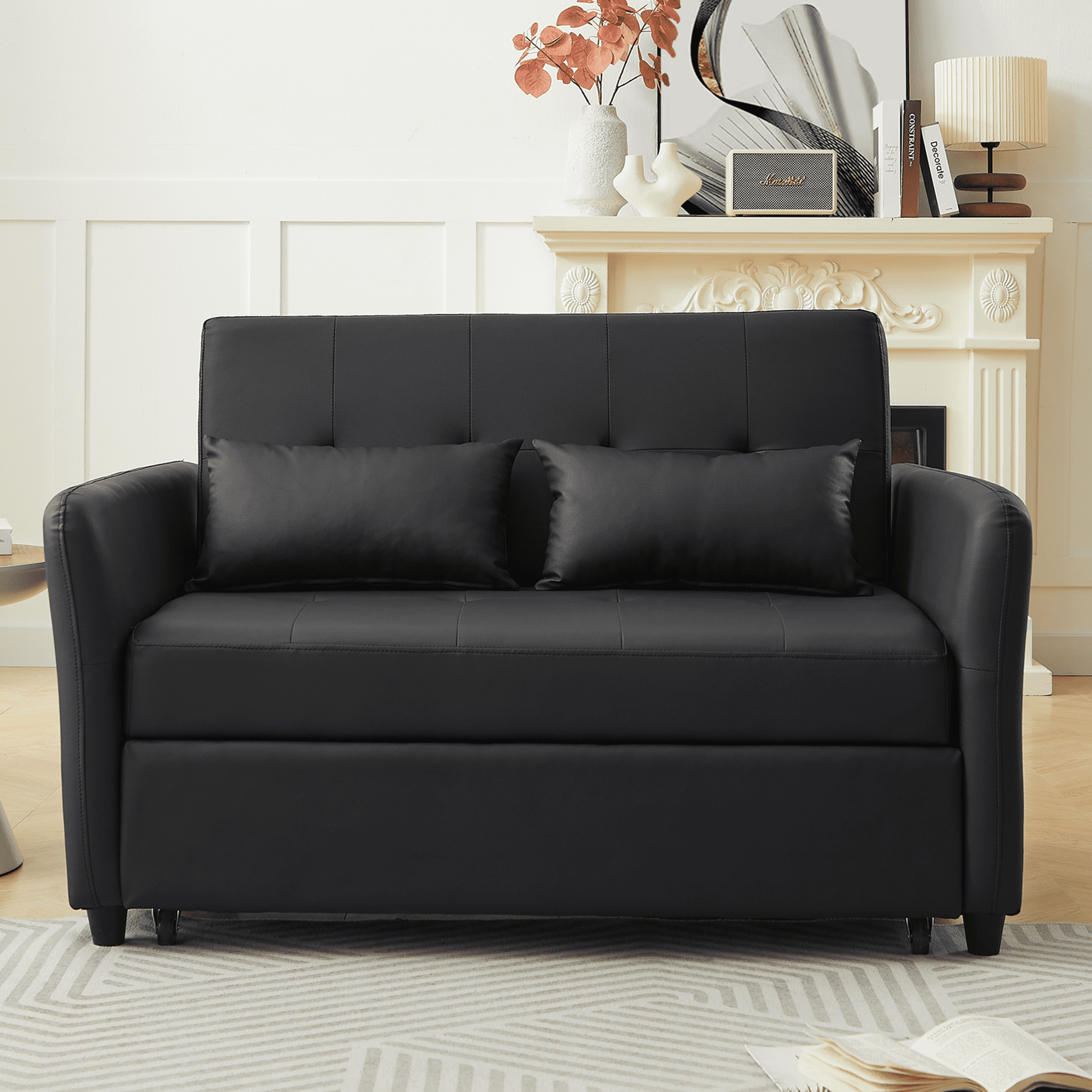 Convertible Sofa Bed,3-in-1 Sleeper Sofa Bed.PU Pull Out Bed Loveseat with USB Ports & Adjustable Backrest for Small Space,Living Room,Black