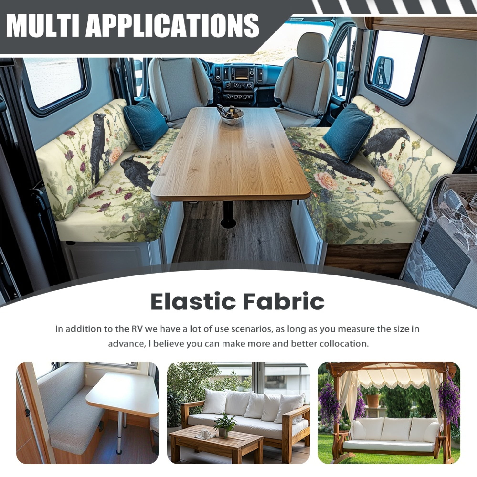 FOR U DESIGNS Raven Rose Leaf Print 2 Pcs RV Dinette Cushion Covers Scratch-resistant Camper Cushion Slipcover Stretch Sofa Furniture Protector Include1 Backrest Covers and 1 Bench Covers