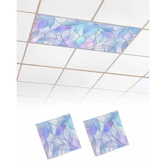 Stained Glass Fluorescent Light Covers for Ceiling Lights 4x2 feet,2 Pack Magnetic Light Filters for Classroom,Blue Purple Floral Geometric Fluorescent Light Shade Panel for Office School Drop Home