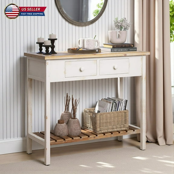 Hassch Compact 35.4" Console Table with 2 Drawers & Open Shelf, Vintage Distressed MDF Accent Table for Entryway, Hallway, Living Room, Antique Natural