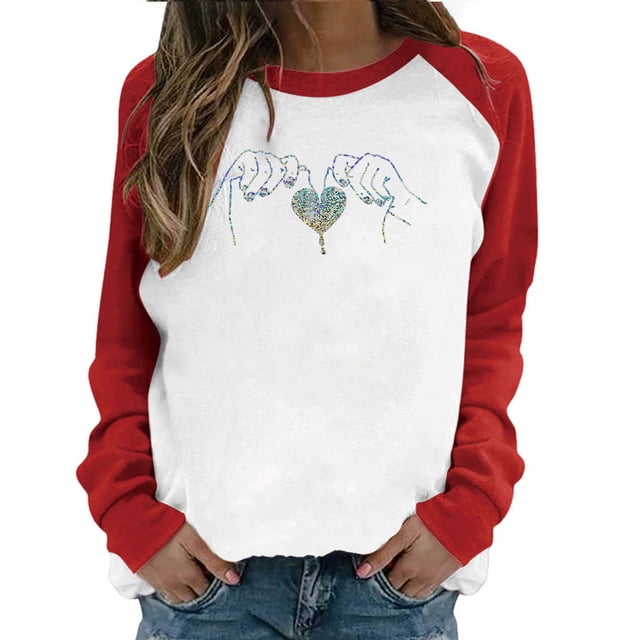 Meichang T-Shirt à Manches Longues pour Femmes, Imprimé Cœur Mignon, Col Rond, Coupe Ample