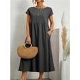 thumbnail image 1 of Lindbes Robe Maxi Élégante Unie pour Femmes Été à Manches Courtes Col Rond Vintage Harajuku Coton Lin Ample Robe d'Été Y2K avec Poches Longue Robe, 1 of 7