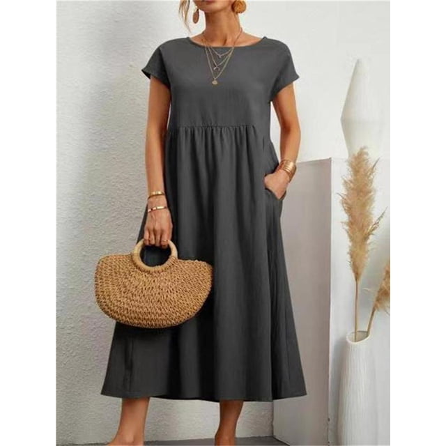 Lindbes Robe Maxi Élégante Unie pour Femmes Été à Manches Courtes Col Rond Vintage Harajuku Coton Lin Ample Robe d'Été Y2K avec Poches Longue Robe