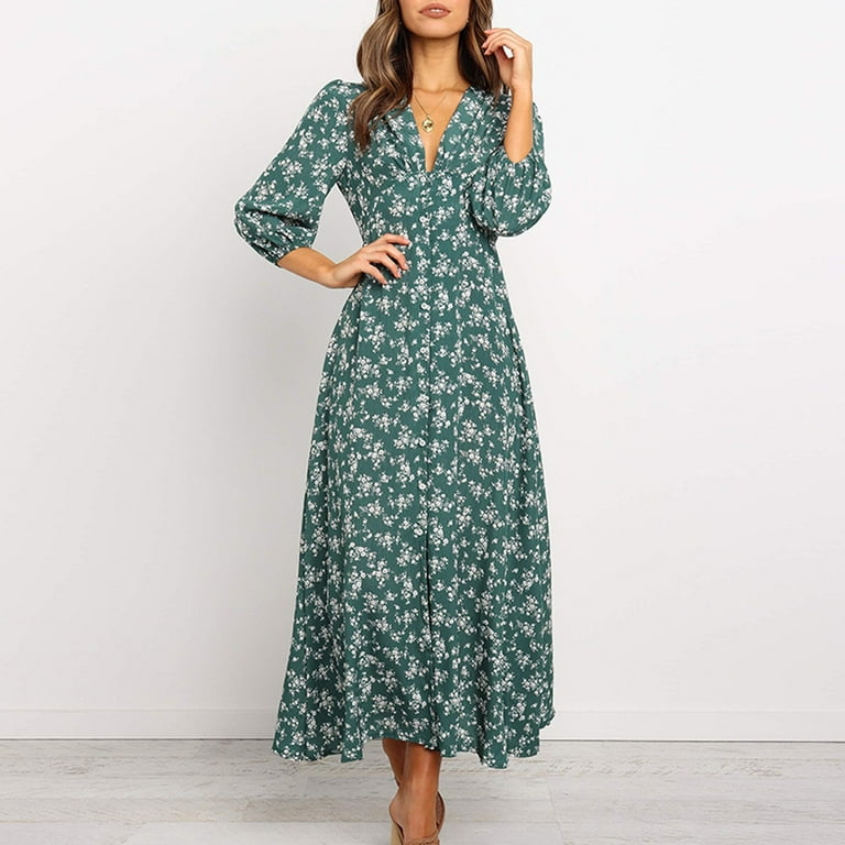 Miayilima Dresses for Women 2023 Women Floral Sleeve Dress Long Casual  Fashion A-Line Print V-Neck Slim Short Women's Dress