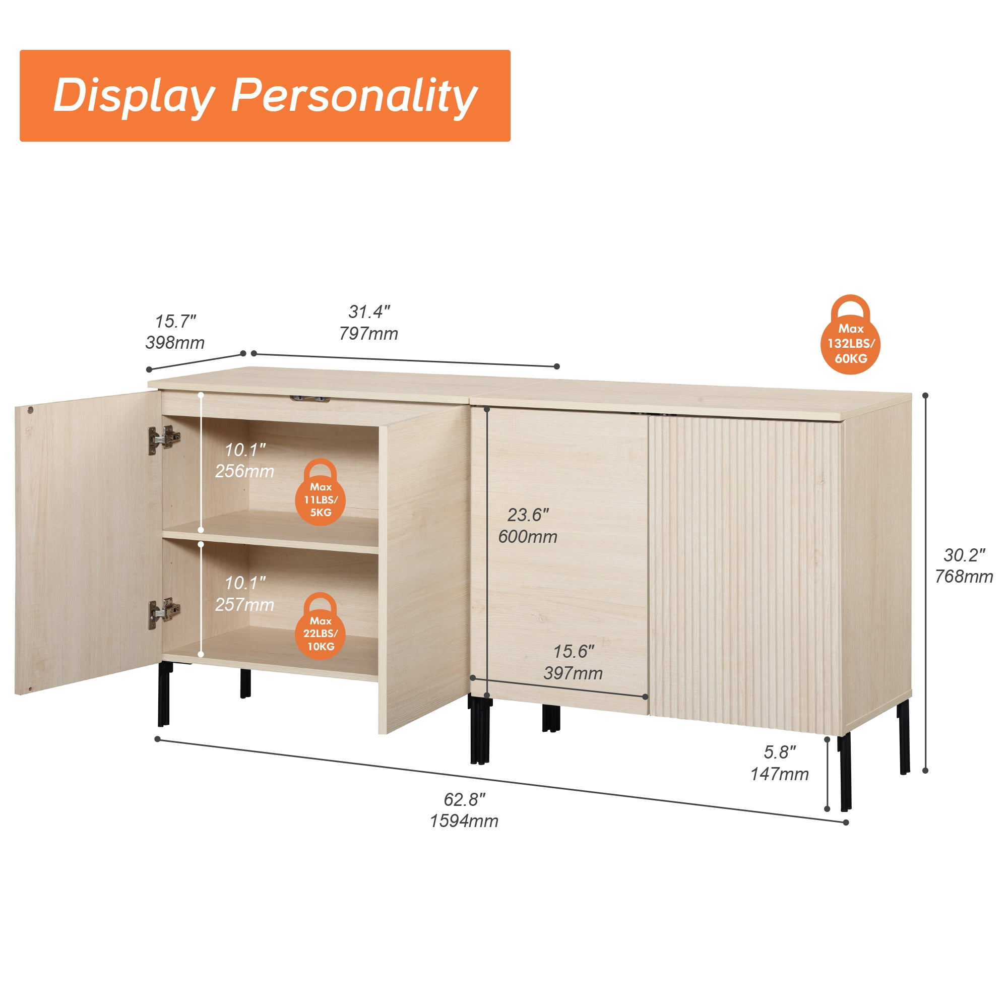 63" Reeded Accent Cabinet Set with Adjustable Shelves, Modern Credenza Storage Cabinet with Doors for Living Room, Kitchen, Dining Room, Hallway