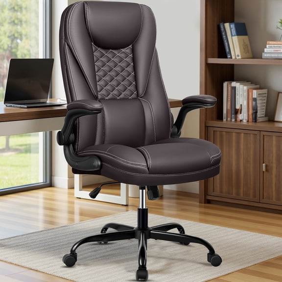 COOLHUT Big and Tall Office Chair, Executive Home Office Desk Chairs, Ergonomic Computer Faux Leather Desk Chair with Adjustable Flip-Up Arms, Lumbar Support Swivel Task Chair, Coffee