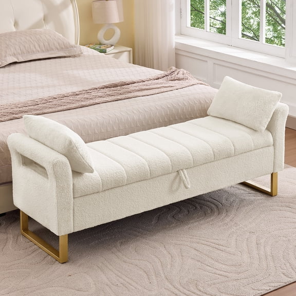 Aemeios 66"W Teddy Tufted Storage Bench for Bedroom End of Bed with Gold Legs and Two Pillows, White