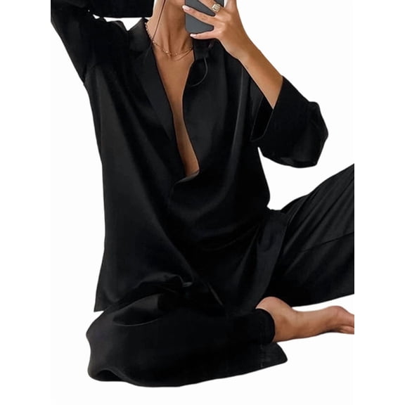 Women'S Notched Collar Long Sleeve Top & Wide Leg Pants Loungewear Set Black XL