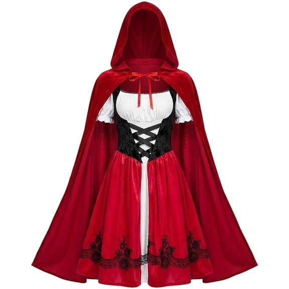 Wiywef Women Little Red Riding Style Outfit Sets with Red Hood Cape and Dress for Christmas Party XXL,2 Pieces