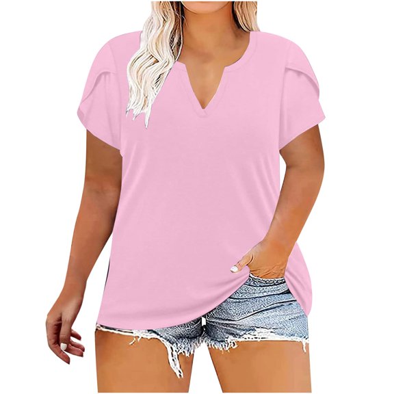 QLEICOM Womens Short Sleeve Casual T-Shirts V Neck Tops Tee Loose Comfy Tunic Blouse Lightweight Plus Size Tops Pink 4XL, US Size:16