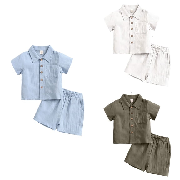 Loopsun Boys Girls Short Sleeve Lapel Solid Linen Shirt and Shorts Casual Summer Daily Wear Outfit White, 7-8 Years