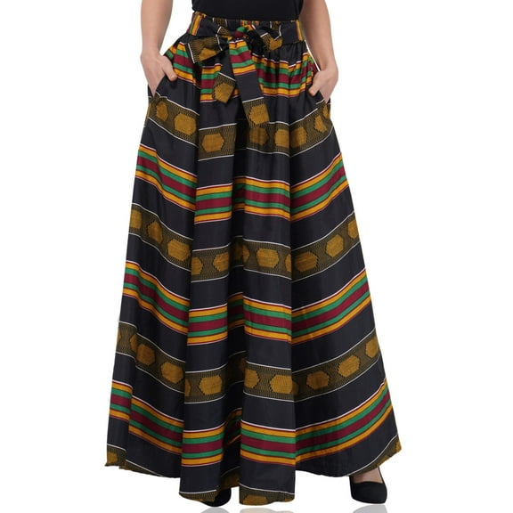 Satsuma Women's Embossed Dashiki Print Long Maxi, Elastic Waist with Attached Belts & 2 Pockets, African Dashiki Skirt Afrocentric