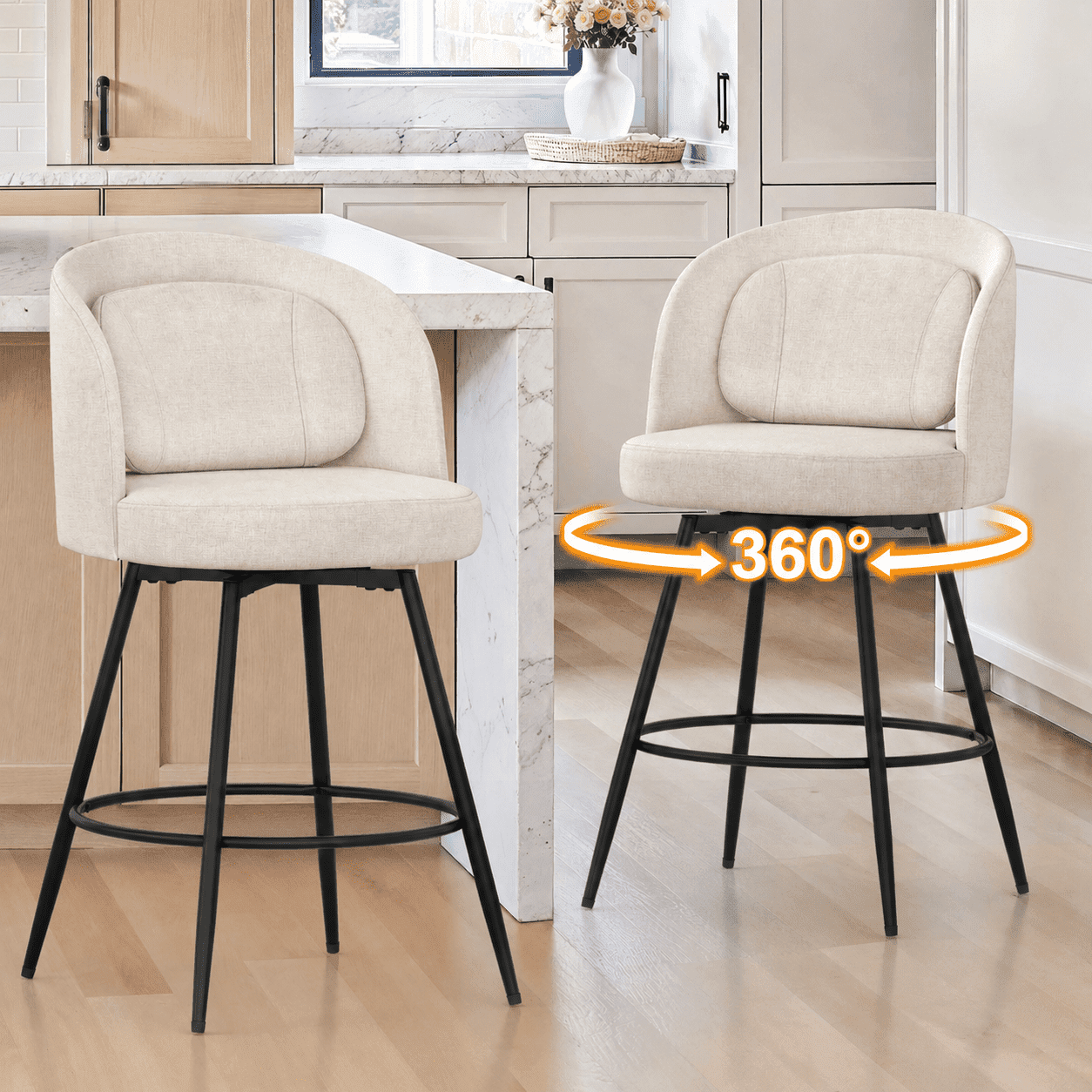 Carolayne 26.5" Swivel Bar Stools Set of 2, Modern Fabric Counter Height Bar stools with Back & Removable Cushion for Kitchen Island, Linen Color