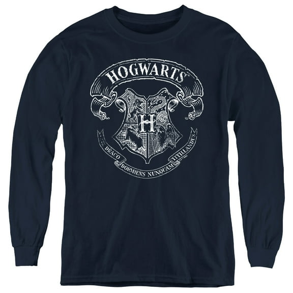 Harry Potter Hogwarts School Crest Youth Long Sleeve T Shirt, Navy, Large