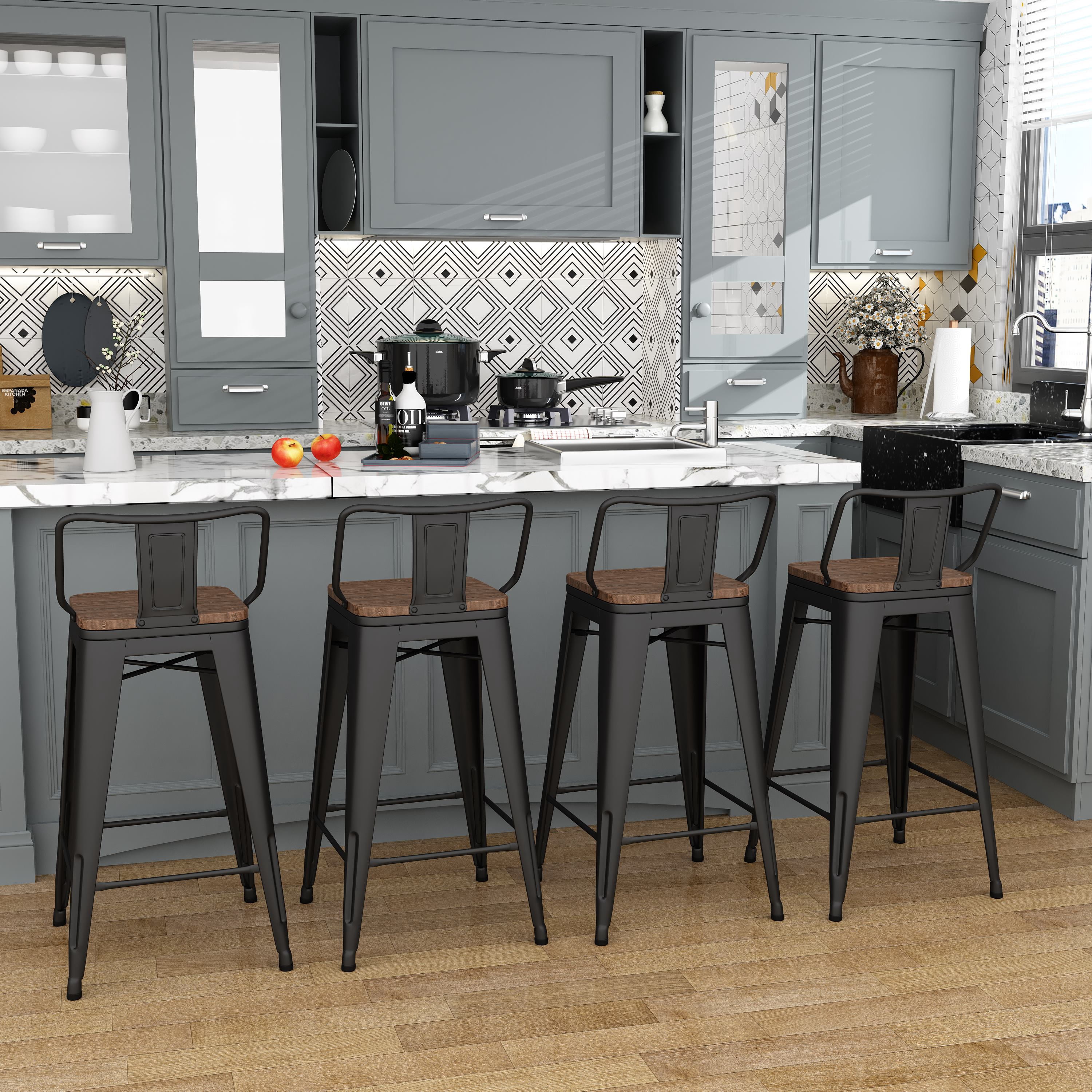 Andeworld 26" Metal Barstools Set of 4 Counter Height Bar Stools with Back (26" Seat Height, Wooden Top Low Back Matte Black)