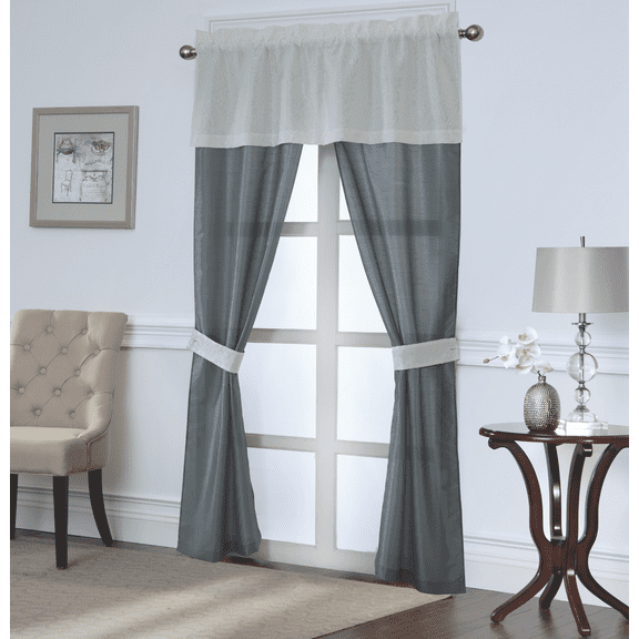 Complete 5 Pc Damask Semi Sheer Window in a Bag Curtain Set - White/Gray