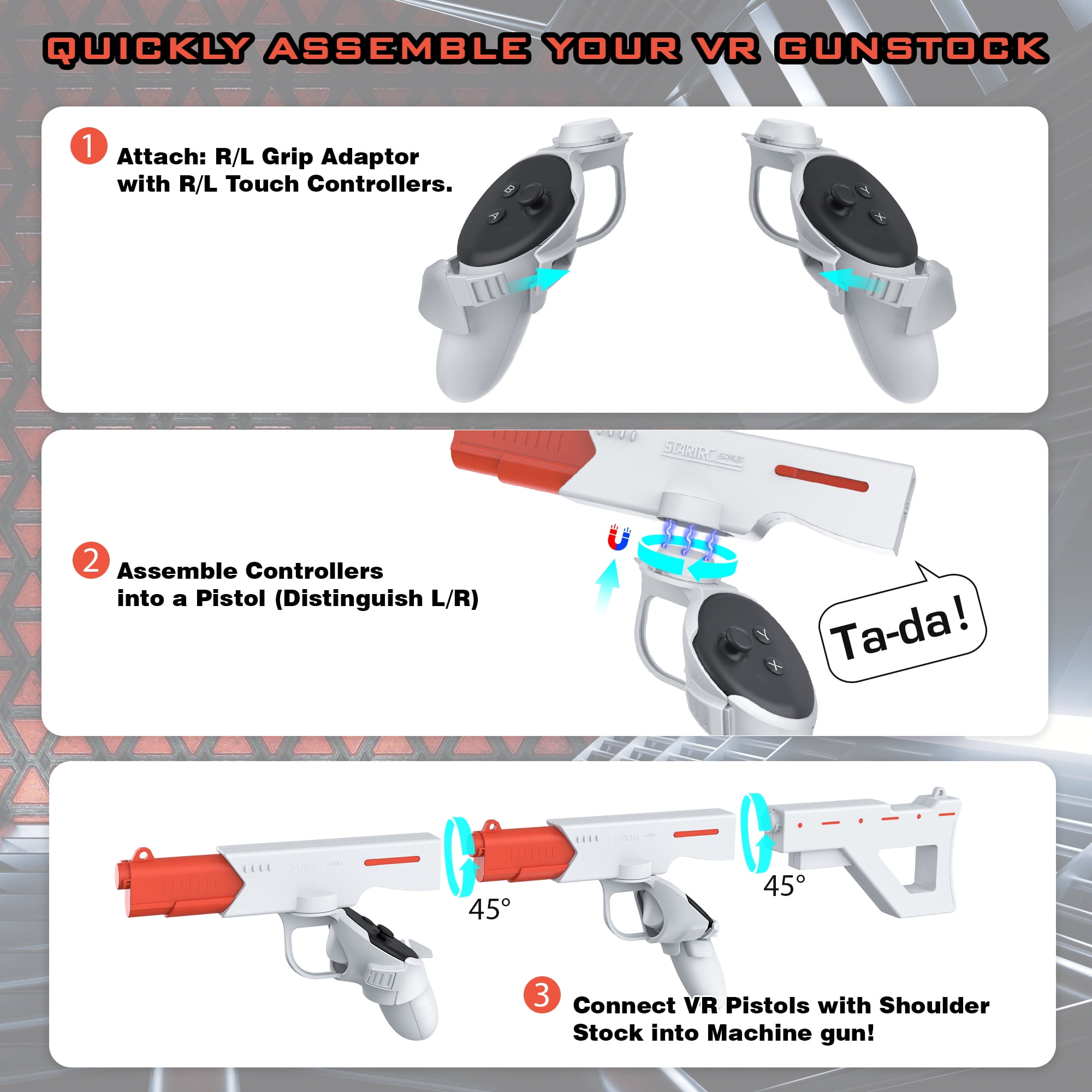 VR Gunstock for Meta Quest 3, Quest 3S Rifle-Like or Dual-Pistol Handle VR Gun Stock Quest3 VR Games Accessories Connect to Touch Controller, Real Game Feeling