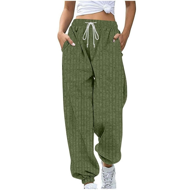 Enjoytime Casual Pants for Women Solid Color Drawstring Trousers with Pocket Lounge Loose Workout Sweatpants Army Green M