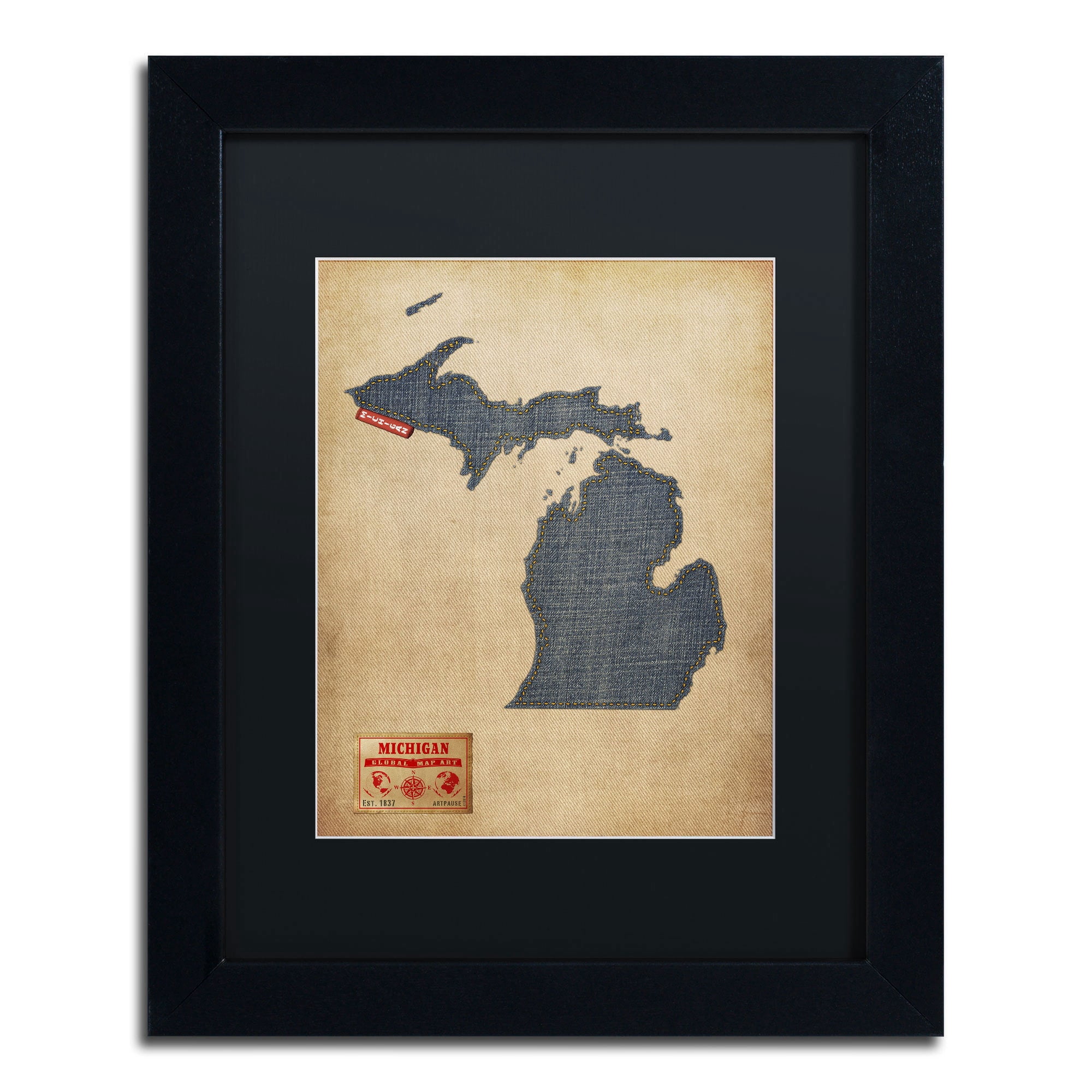 Trademark Fine Art "Michigan Map Denim Jeans Style" Canvas Art by Michael Tompsett, Black Matte, Black Frame