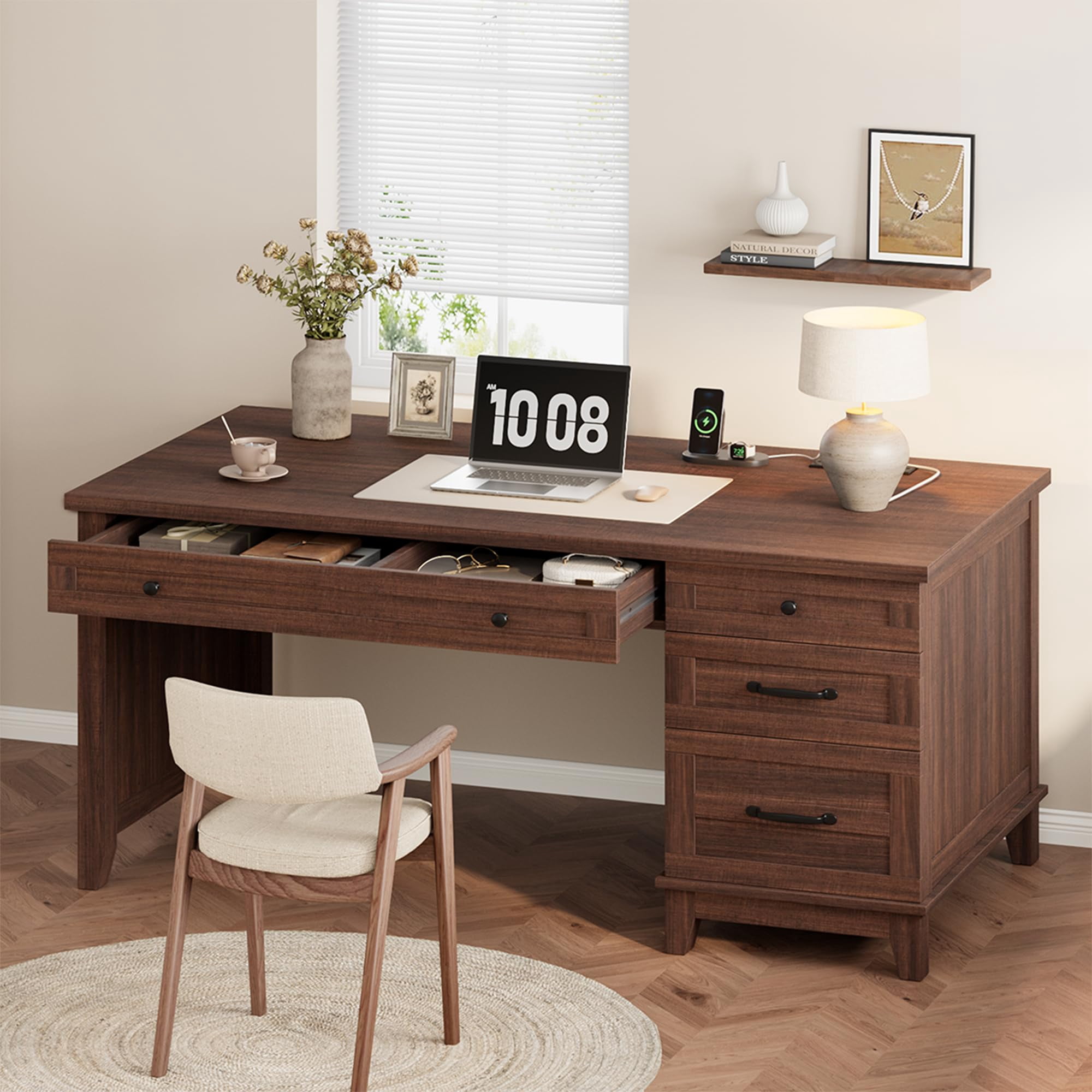 Garvee 53.5" Farmhouse Office Desk with Charging Station - Wooden Executive Computer Desk with File Drawer & USB Ports - Large Home Office Workspace-Brown