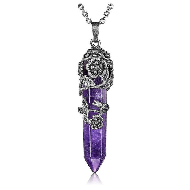 Hexagonal Healing Crystal Necklace Natural Prism Stone Pendant Flower Wrapped Pointed Quartz Yoga Energy With Chain