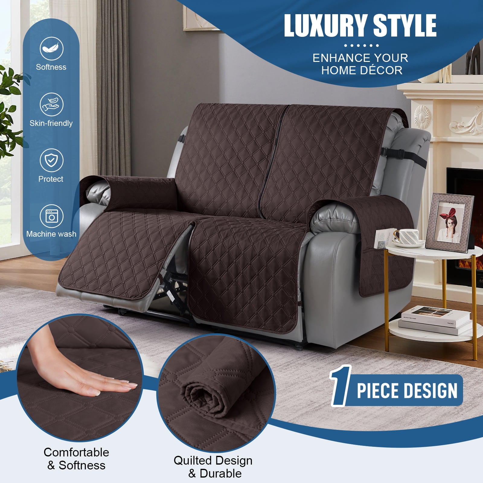 Timeles Waterproof Recliner Covers Loveseat Recliner Sofa Covers with Leg Straps Reversible Recliner Couch Cover for 2 Seat Reclining Chair Washable Couch Protector for Pets Kids (Chocolate)