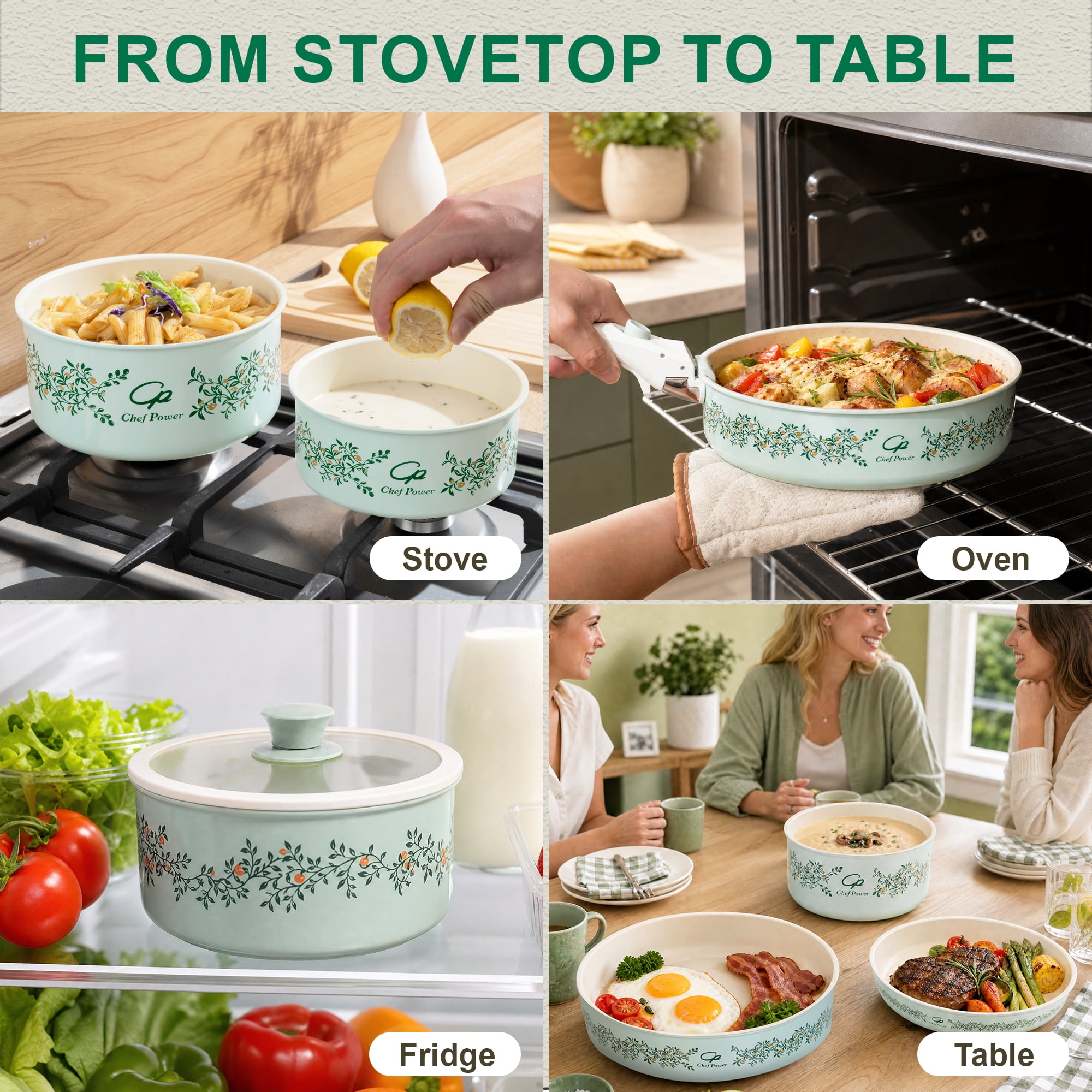 Chef Power 14pcs Nonstick Ceramic Cookware Set, Aquamarine Olive Branch Decals