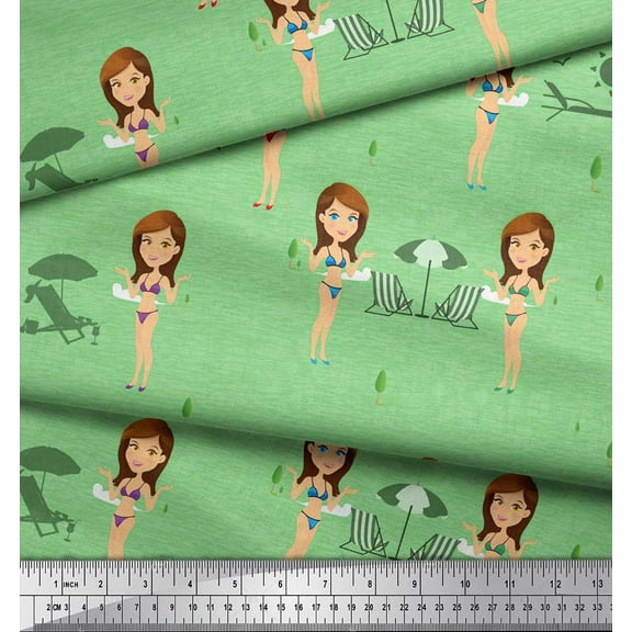 Soimoi Green Moss Georgette Fabric Chairs & Girl Beach Printed Craft Fabric by the Yard 42 Inch Wide