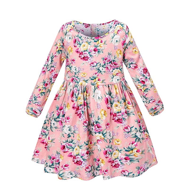 LOVZFMLL Girls Girls Sweet Long Sleeve Round-Neck Flock Macrame Solid Color Princess Dress