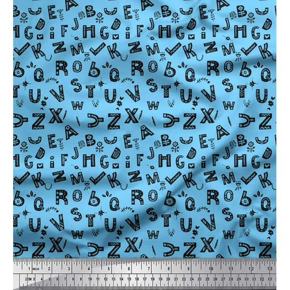 Soimoi Blue Poly Georgette Fabric Alphabet Text Print Sewing Fabric Yard 52 Inch Wide