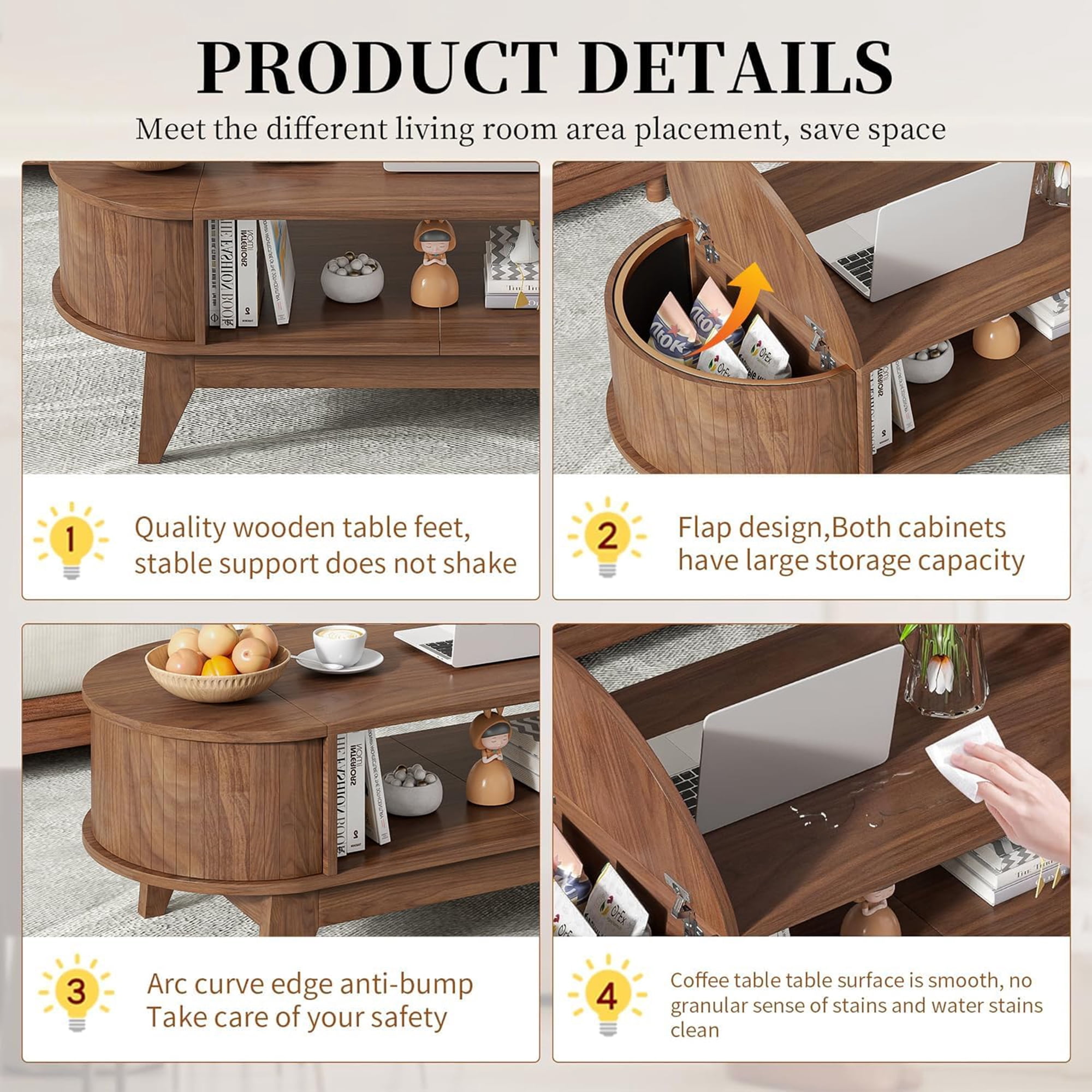 Fluted Coffee Table with Storage, Modern Coffee Tables, Wood Accent Center Table