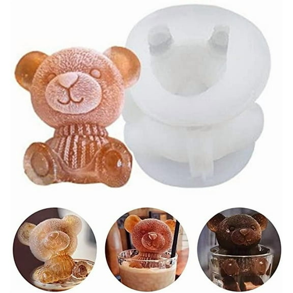 3D Teddy Bear ice Mold, Silicone Animal Mold, Soap Candle Mold, Ice Cube for Coffee, Milk, Tea, Candy Gummy Fondant ( 2PC)