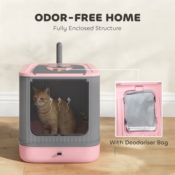 Cat Litter Box with Lid, Enclosed Litter Box for Medium Cats, Front-Entry and Top-Exit, Scoop, Deodorizer Bag, Pink