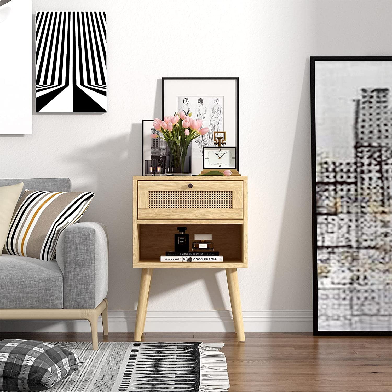 Rattan End Table with 1 Drawer Nightstand with Open Storage Shelf
